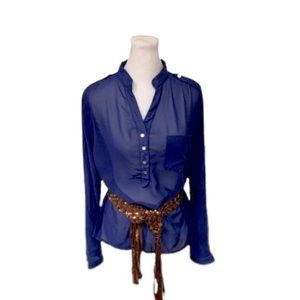 Zanzea Collection Blue Sheer VNeck 1/2 Mock Button Down Oversize Blouse Size XXL